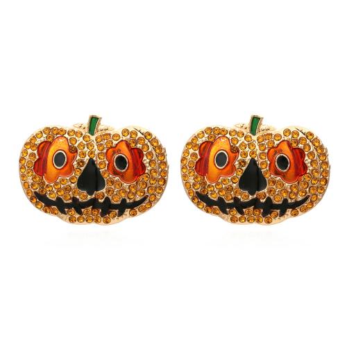 alliage de zinc boucle d oreille dormeuse, Citrouille, Placage de couleur d'or, Halloween Design & bijoux de mode & pour femme & émail & avec strass, orange, protéger l'environnement, sans nickel, plomb et cadmium, 28x38mm, Vendu par paire