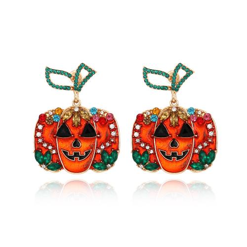 aleación de zinc Pendientes con Colgantes, Calabaza, chapado en color dorado, Diseño de Halloween & Joyería & para mujer & esmalte & con diamantes de imitación, naranja, libre de níquel, plomo & cadmio, 45x33mm, Vendido por Par