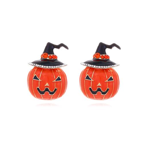 aleación de zinc Arito, Calabaza, chapado en color dorado, Diseño de Halloween & Joyería & para mujer & esmalte & con diamantes de imitación, naranja, libre de níquel, plomo & cadmio, 22x30mm, Vendido por Par