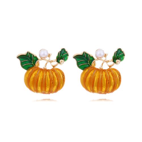 Tibetan Style Stud Earring, with Plastic Pearl, Pumpkin, gold color plated, Halloween Design & fashion jewelry & for woman & enamel, golden, nickel, lead & cadmium free, 32x28mm, Sold By Pair