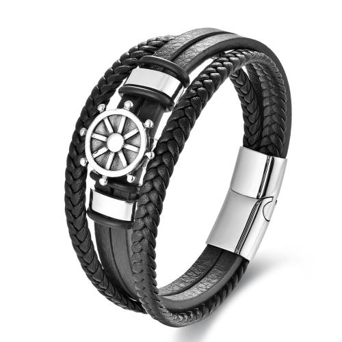 PU Leather Cord Bracelets with 304 Stainless Steel Ship Wheel fashion jewelry & for man Length Approx 21 cm Sold By PC