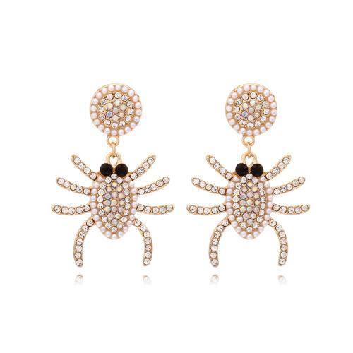 Tibetan Style Drop Earring, with Plastic Pearl, Spider, gold color plated, fashion jewelry & Halloween Jewelry Gift & for woman & with rhinestone, nickel, lead & cadmium free, 37x52mm, Sold By Pair