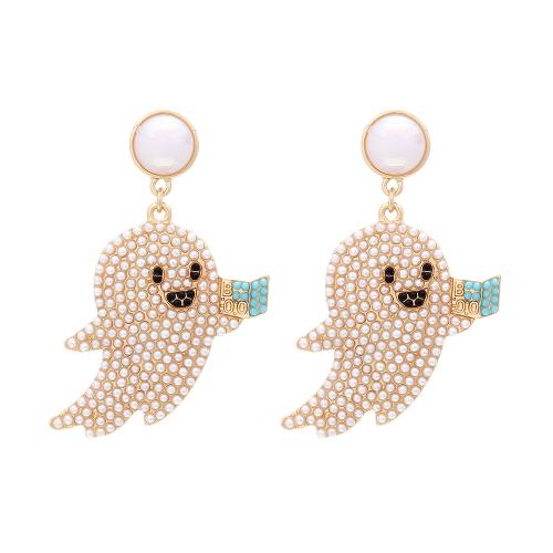 Zinc Alloy Drop Earring, met Plastic Pearl, spook, gold plated, Halloween Jewelry Gift & voor vrouw, nikkel, lood en cadmium vrij, 45x65mm, Verkocht door pair