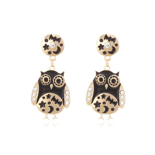 alliage de zinc Boucle d'oreille goutte, hibou, Placage de couleur d'or, Bijoux d'Halloween & pour femme & émail & avec strass, protéger l'environnement, sans nickel, plomb et cadmium, 23x48mm, Vendu par paire