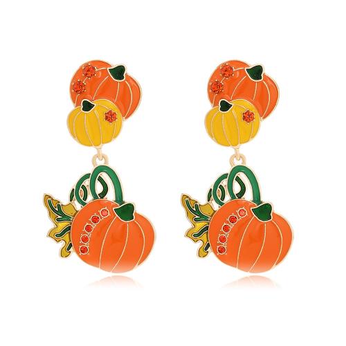 aleación de zinc Pendientes con Colgantes, Calabaza, chapado en color dorado, Joyería de Halloween & para mujer & esmalte & con diamantes de imitación, naranja, libre de níquel, plomo & cadmio, 32x57mm, Vendido por Par