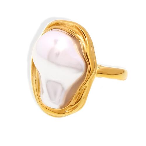 Titanium Steel Finger Ring, with Plastic Pearl, fashion jewelry & for woman, gold, US Ring Size:7, Sold By PC