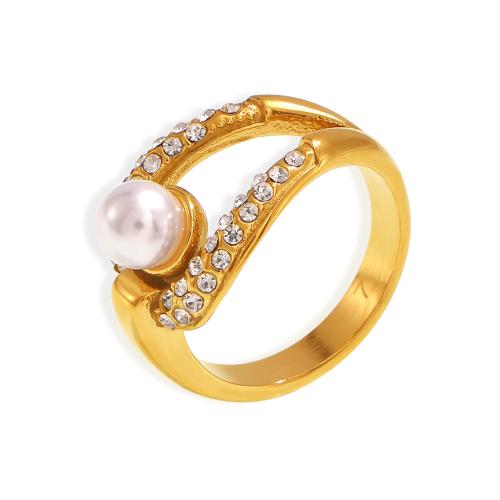 Titanium Steel Finger Ring, with Plastic Pearl, plated, different size for choice & for woman & with rhinestone & hollow, more colors for choice, Sold By PC