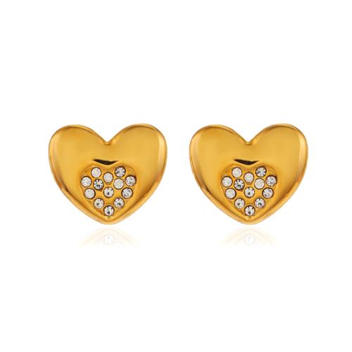 Stainless Steel Stud Earrings, 304 Stainless Steel, Heart, fashion jewelry & micro pave cubic zirconia & for woman, gold, 14x13mm, Sold By Pair