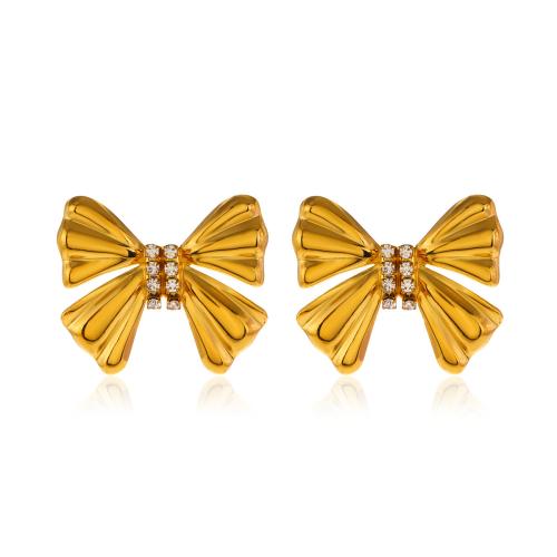 Stainless Steel Stud Earrings 304 Stainless Steel Bowknot 18K gold plated & micro pave cubic zirconia & for woman Sold By PC