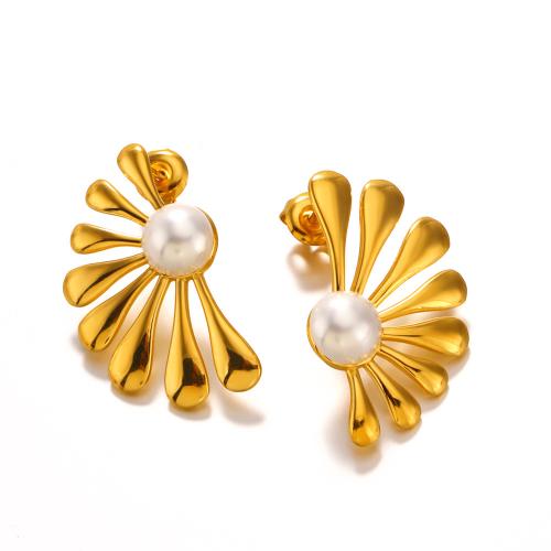 Pendientes de Acero Inoxidable, acero inoxidable 304, con Perlas plásticas, Flor, 18K chapado en oro, Joyería & para mujer, 18x30mm, Vendido por Par