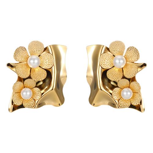 Stainless Steel Stud Earrings 304 Stainless Steel with Plastic Pearl Flower fashion jewelry & for woman gold Sold By Pair