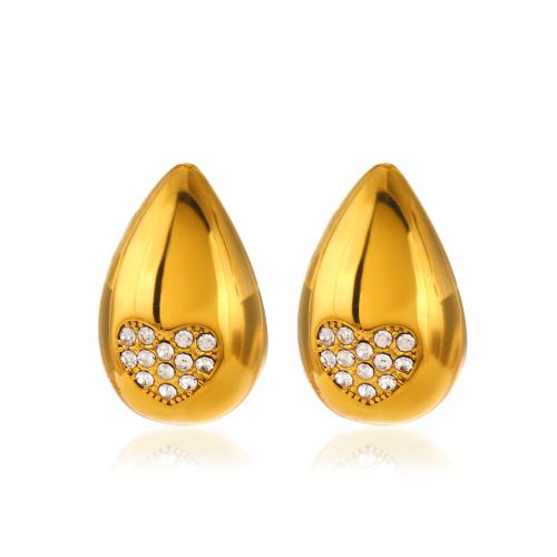 Stainless Steel Stud Earrings 304 Stainless Steel Teardrop Vacuum Ion Plating & for woman & with rhinestone golden Sold By Pair