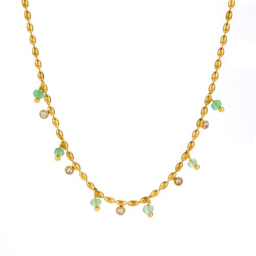 Collier de bijoux en acier inoxydable, Acier inoxydable 304, avec aventurine vert, avec 5cm chaînes de rallonge, bijoux de mode & pavé de micro zircon & pour femme, Or, Longueur:40 cm, Vendu par PC