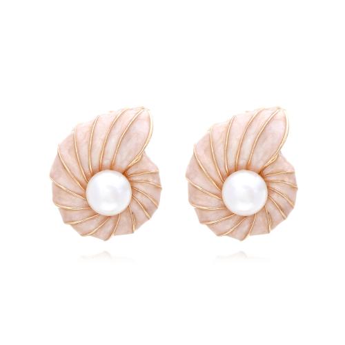 Tibetan Style Stud Earring, with Plastic Pearl, for woman & enamel, golden, Sold By Pair