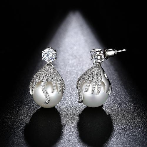 Brass Drop Earring with Shell Pearl platinum plated micro pave cubic zirconia & for woman Sold By Pair