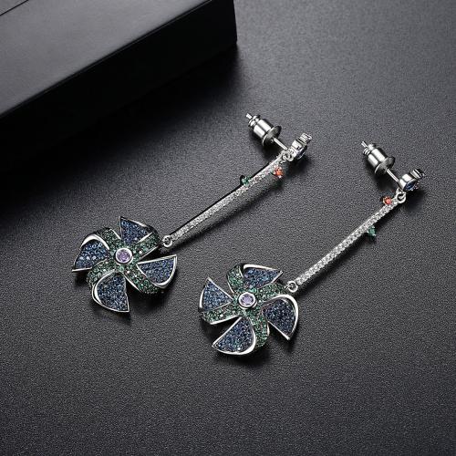 Brass Drop Earring, Pinwheel, platinum plated, micro pave cubic zirconia & for woman, 17x52mm, Sold By Pair