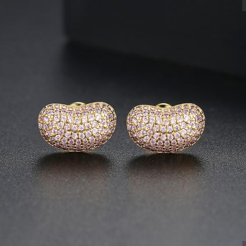 Brass Stud Earring, Bean, plated, micro pave cubic zirconia & for woman, more colors for choice, 13x8mm, Sold By Pair