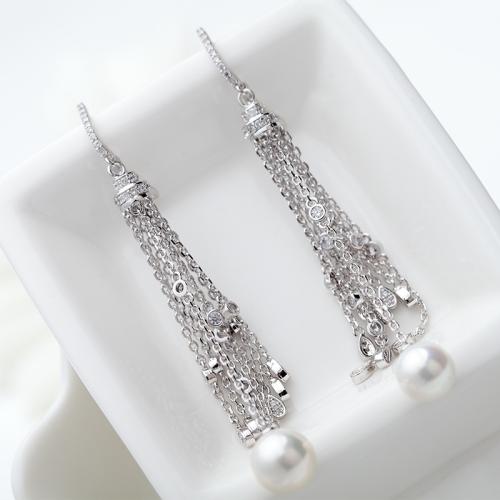 Brass Tassel Earring with Plastic Pearl platinum plated micro pave cubic zirconia & for woman Sold By Pair