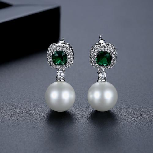 laiton Boucle d'oreille goutte, avec perle de plastique, Motif géométrique, Plaqué de platine, pavé de micro zircon & pour femme, 11.93x27.10mm, Vendu par paire