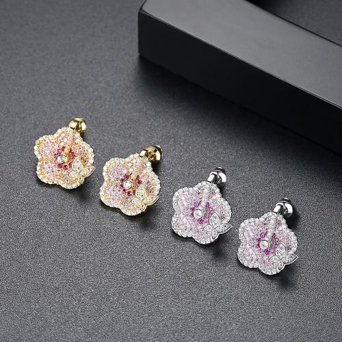 laiton boucle d oreille dormeuse, fleur, Placage, pavé de micro zircon & pour femme, plus de couleurs à choisir, 20x17mm, Vendu par paire