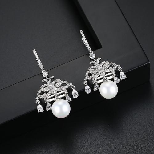 Brass Drop Earring, with Shell Pearl, platinum plated, micro pave cubic zirconia & for woman & hollow, 18x45mm, Sold By Pair