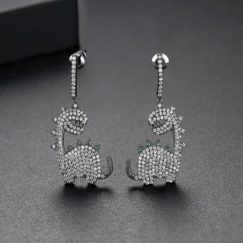 Brass Drop Earring, Dinosaur, plated, micro pave cubic zirconia & for woman, more colors for choice, 15x37mm, Sold By Pair