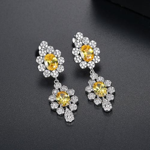 laiton Boucle d'oreille goutte, fleur, Plaqué de platine, pavé de micro zircon & pour femme, plus de couleurs à choisir, 13x41mm, Vendu par paire