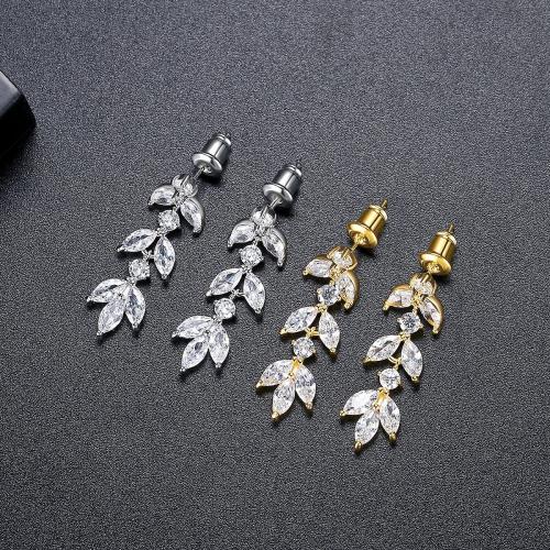 Brass Drop Earring, Leaf, plated, micro pave cubic zirconia & for woman, more colors for choice, 9.10x30.10mm, Sold By Pair