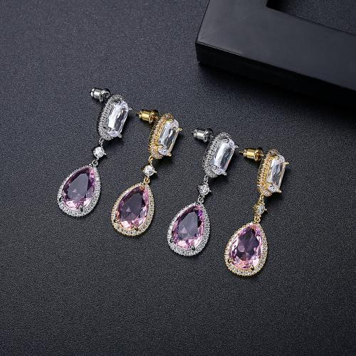 Brass Drop Earring, Teardrop, plated, micro pave cubic zirconia & for woman, more colors for choice, 13.30x42.60mm, Sold By Pair