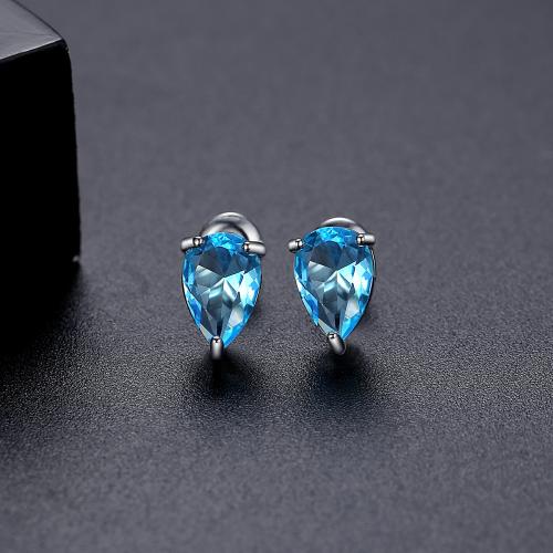 Brass Stud Earring, Teardrop, platinum plated, for woman & with cubic zirconia, 6.50x9.60mm, Sold By Pair