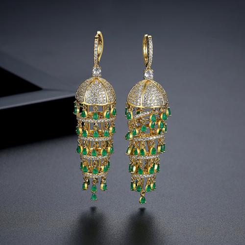 Brass Huggie Hoop Drop Earring Lantern gold color plated micro pave cubic zirconia & for woman Sold By Pair