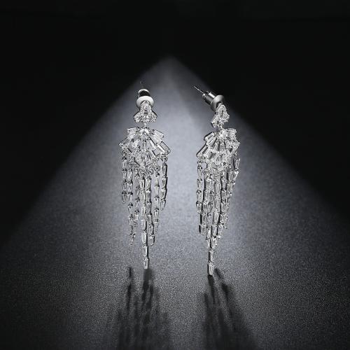 Brass Tassel Earring, platinum plated, micro pave cubic zirconia & for woman, 15x55mm, Sold By Pair