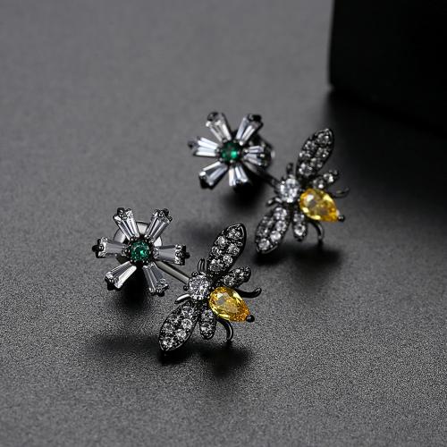 Brass Stud Earring, Bee, plated, micro pave cubic zirconia & for woman, more colors for choice, 15x19mm, Sold By Pair