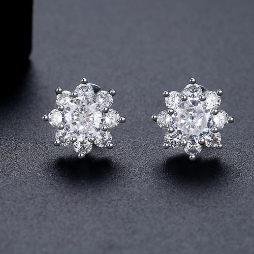 Brass Stud Earring, Snowflake, platinum plated, micro pave cubic zirconia & for woman, 10.80x10.80mm, Sold By Pair