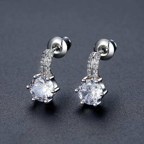 Brass Stud Earring, Geometrical Pattern, platinum plated, micro pave cubic zirconia & for woman, 7.32x12.50mm, Sold By Pair