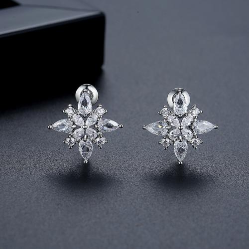 Brass Stud Earring, Geometrical Pattern, platinum plated, micro pave cubic zirconia & for woman, 16.60x16.60mm, Sold By Pair