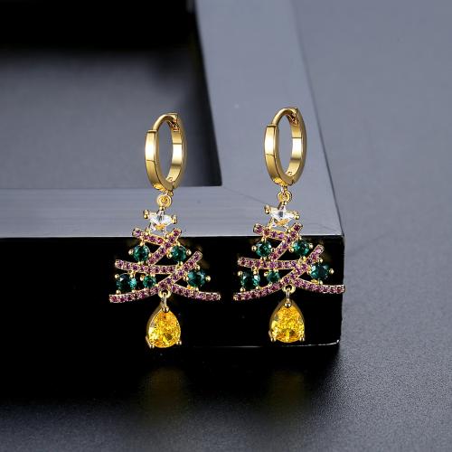 laiton Boucles d'oreilles pendantes Hoop Huggie, arbre de noël, Placage de couleur d'or, Bijoux de Noël & pavé de micro zircon & pour femme, 17.30x37mm, Vendu par paire