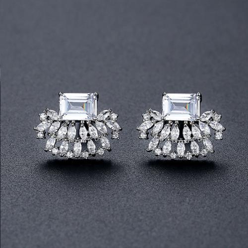 Messing Stud Earring, Geometrisk mønster, platineret, Micro Pave cubic zirconia & for kvinde, 16.54x12.60mm, Solgt af par