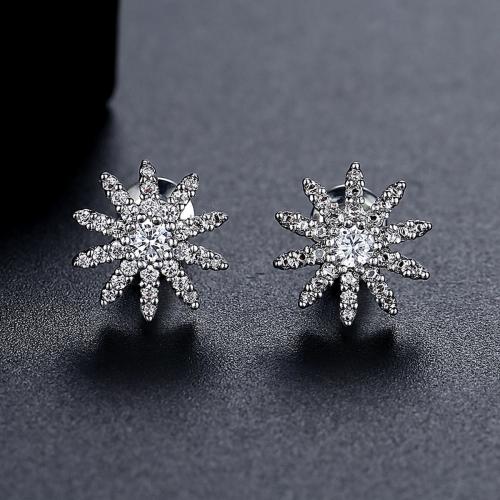 Brass Stud Earring, Flower, platinum plated, micro pave cubic zirconia & for woman, 10.10x10.10mm, Sold By Pair