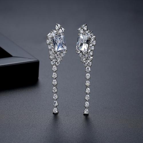 Brass Drop Earring, Geometrical Pattern, platinum plated, micro pave cubic zirconia & for woman, 13.70x62.90mm, Sold By Pair