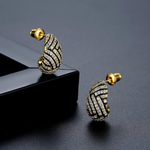 Brass Stud Earring, gold color plated, micro pave cubic zirconia & for woman, 10.30x17.30mm, Sold By Pair