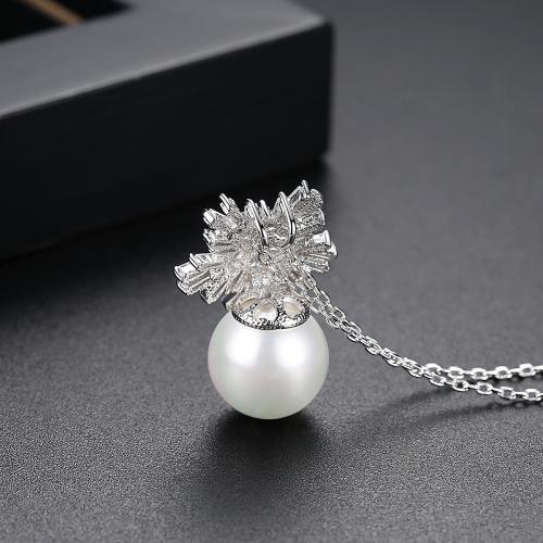 Brass Necklace, with Shell Pearl, platinum plated, cross chain & micro pave cubic zirconia & for woman, Length:Approx 15.7 Inch, Sold By PC