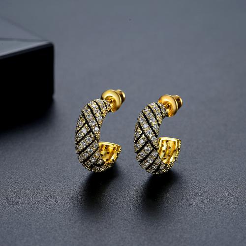 Messing Stud Earring, Letter C, guldfarve belagt, Micro Pave cubic zirconia & for kvinde, 6.90x16.70mm, Solgt af par