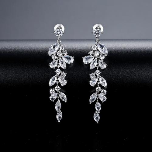 ottone orecchini a goccia, placcato platino, Micro spianare cubic zirconia & per la donna, 13.10x50mm, Venduto da coppia