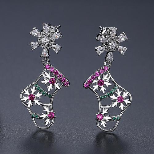 metal Pendientes con Colgantes, Calcetín de Navidad, chapado en platina real, Joyas de Navidad & micro arcilla de zirconia cúbica & para mujer & hueco, 13.40x33.40mm, Vendido por Par