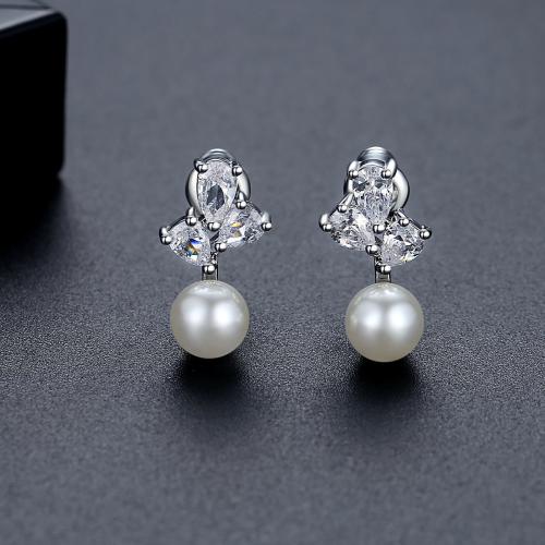 Brass Stud Earring, with Plastic Pearl, platinum plated, micro pave cubic zirconia & for woman, 8.50x15.09mm, Sold By Pair