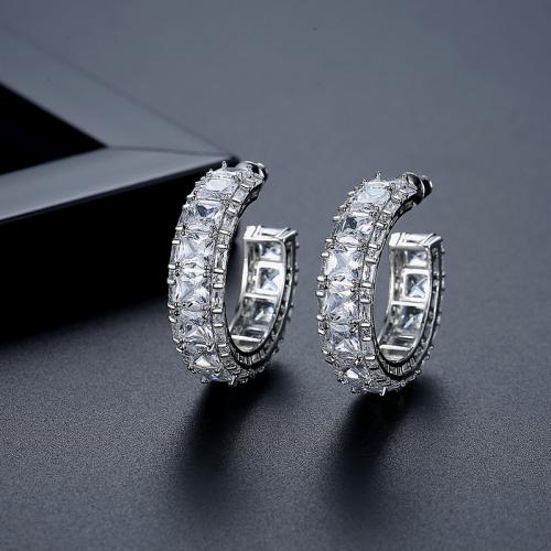 laiton boucle d oreille dormeuse, Lettre C, Plaqué de platine, pavé de micro zircon & pour femme, 8.30x32.50mm, Vendu par paire