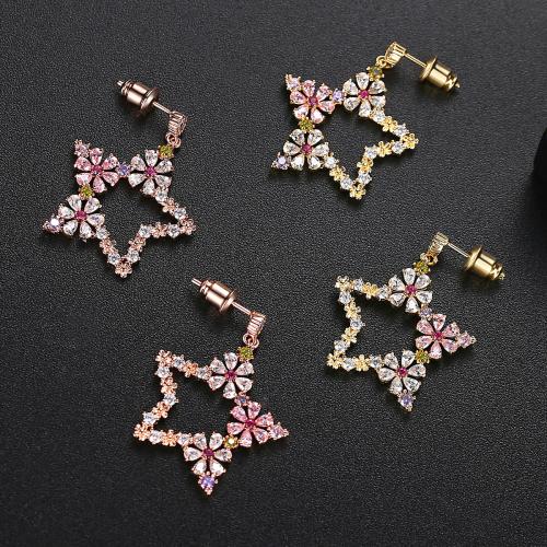 Brass Drop Earring, Star, plated, micro pave cubic zirconia & for woman & hollow, more colors for choice, 22x32mm, Sold By Pair