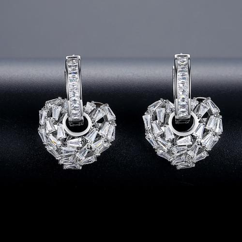 Brass Huggie Hoop Drop Earring, Heart, platinum plated, micro pave cubic zirconia & for woman & hollow, 16x25mm, Sold By Pair