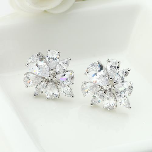 Brass Stud Earring, Flower, platinum plated, micro pave cubic zirconia & for woman, 17x19mm, Sold By Pair